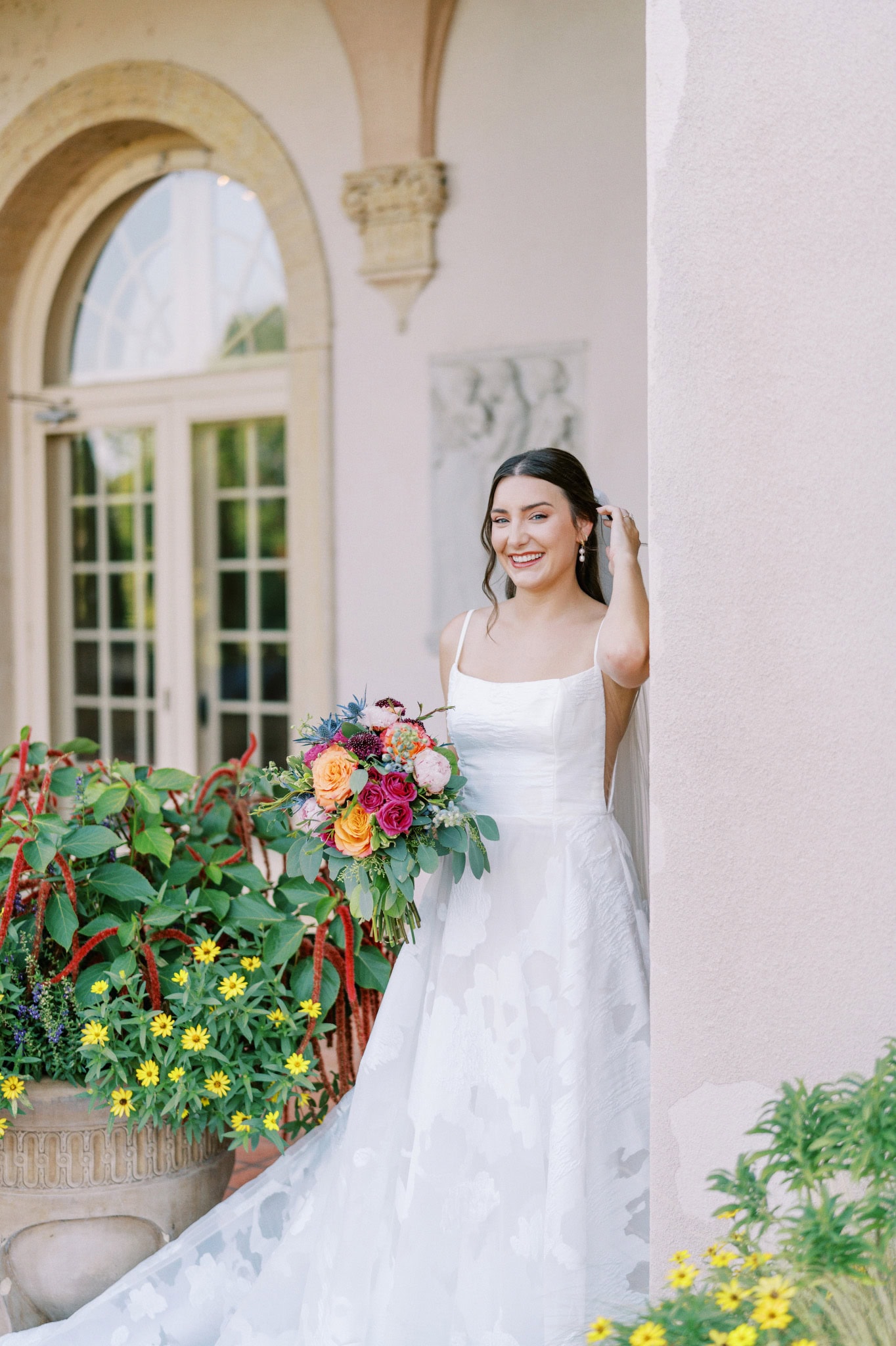Vibrant bridal session in the gardens at The Philbrook Museum of Art in Tulsa, Oklahoma