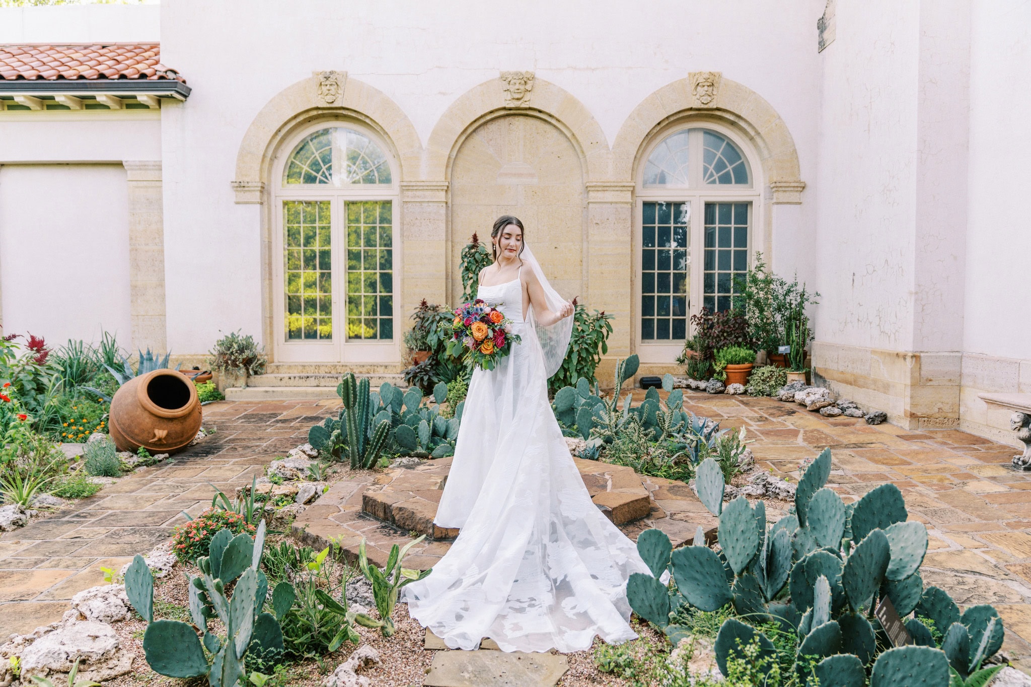 Vibrant bridal session in the gardens at The Philbrook Museum of Art in Tulsa, Oklahoma