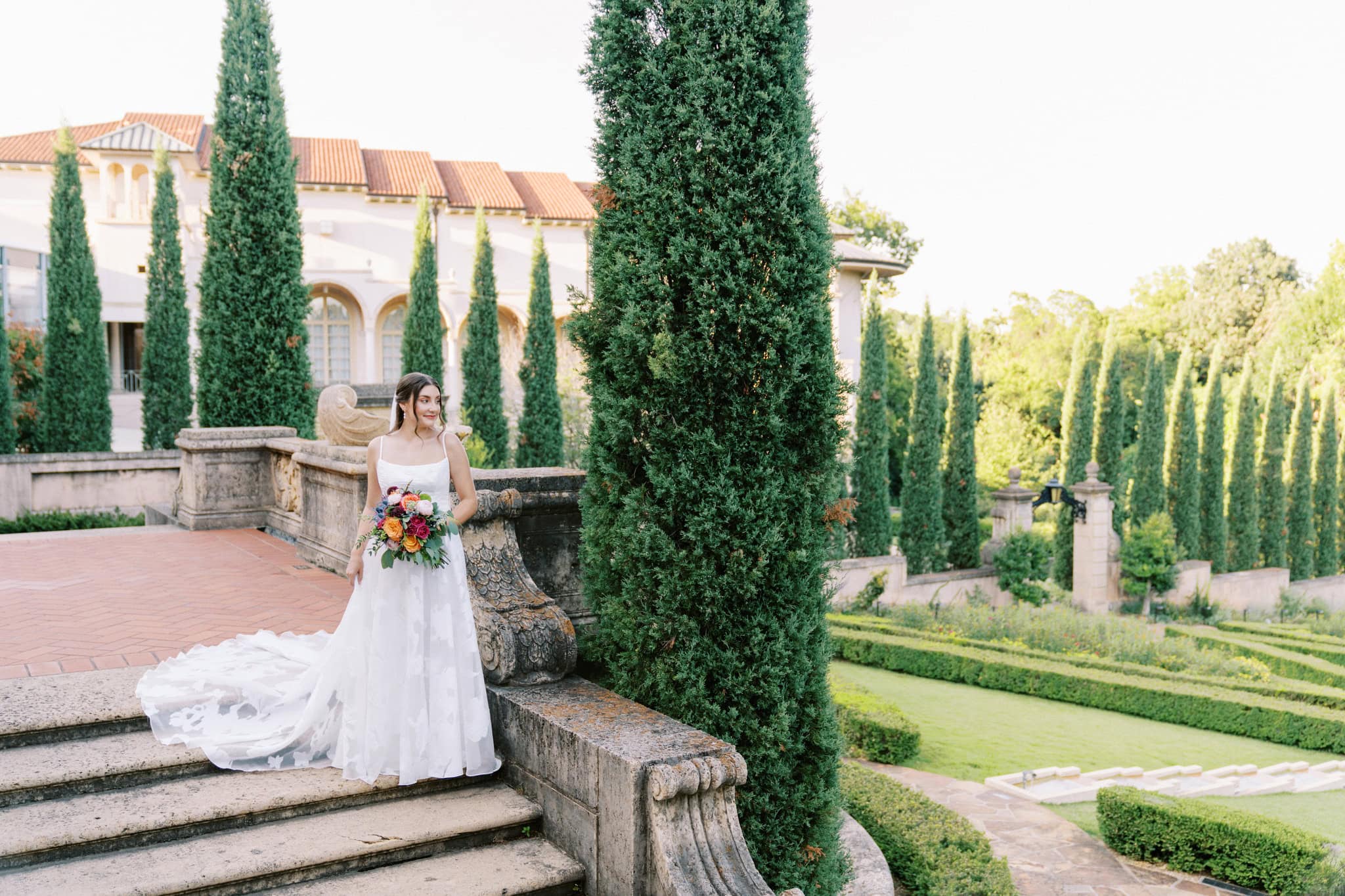 Vibrant bridal session in the gardens at The Philbrook Museum of Art in Tulsa, Oklahoma