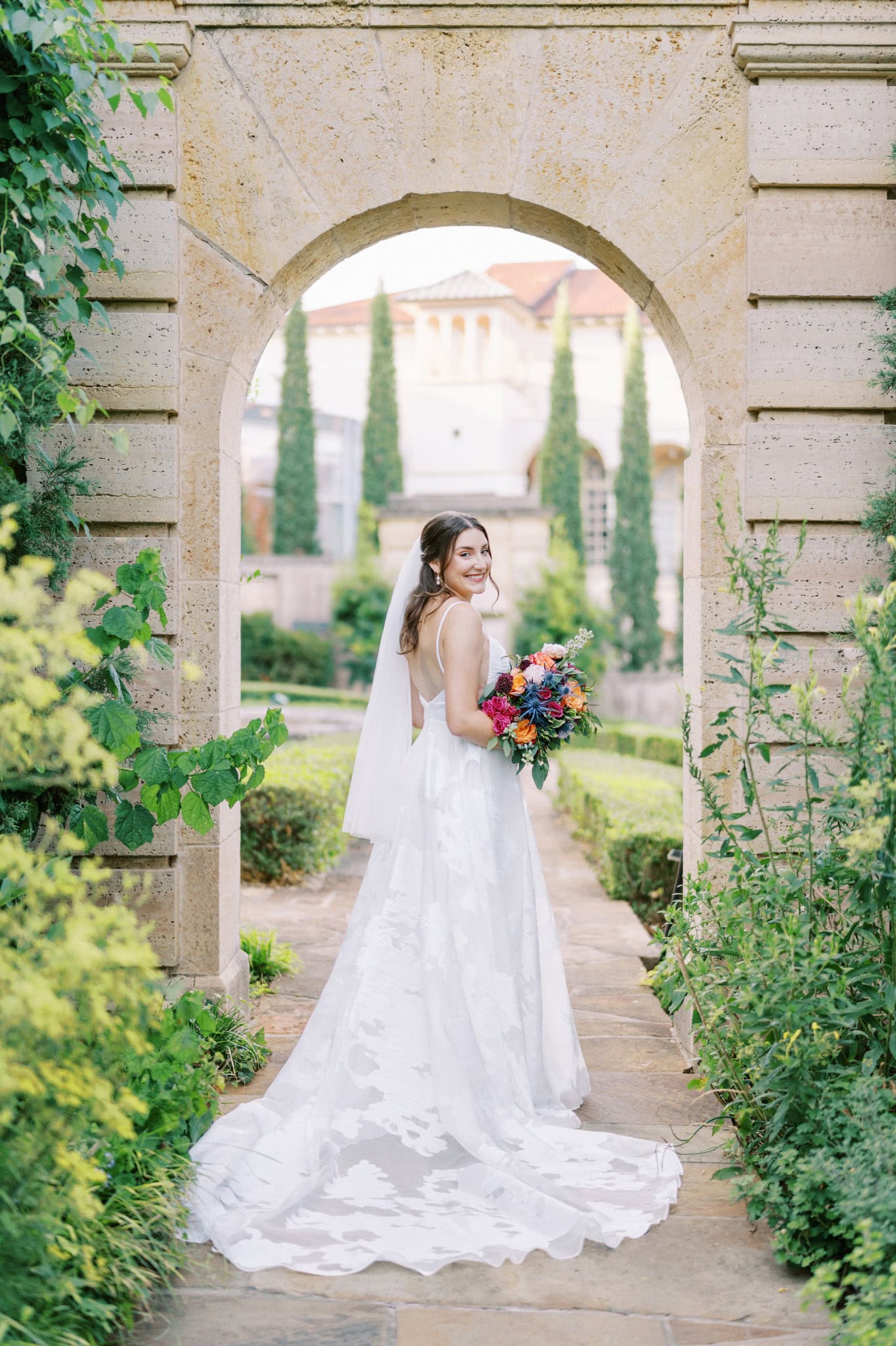 Vibrant bridal session in the gardens at The Philbrook Museum of Art in Tulsa, Oklahoma