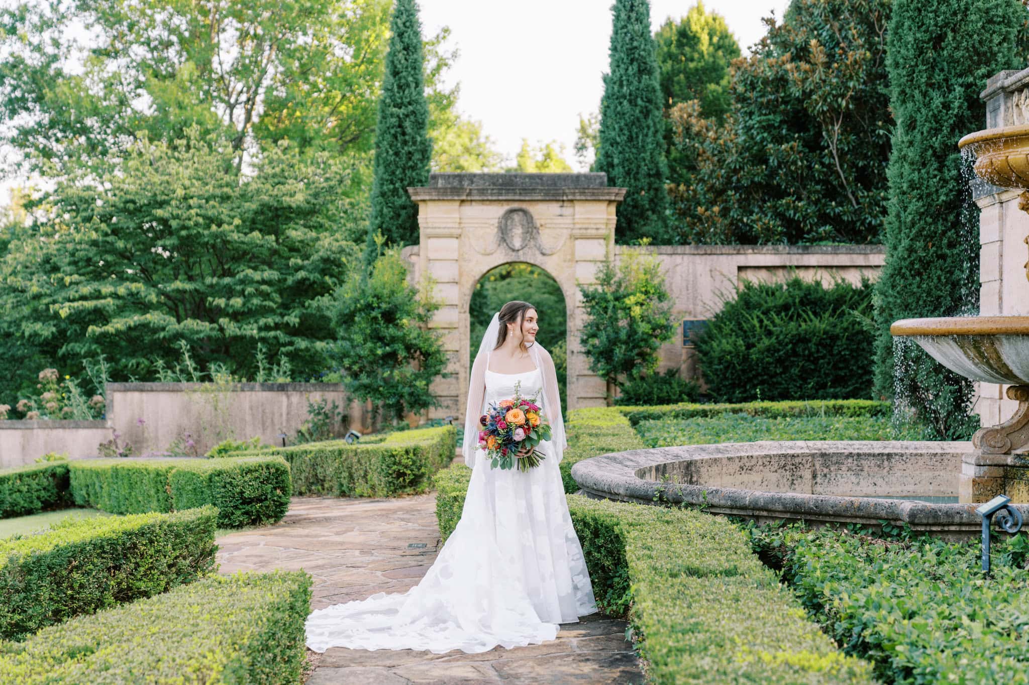 Vibrant bridal session in the gardens at The Philbrook Museum of Art in Tulsa, Oklahoma
