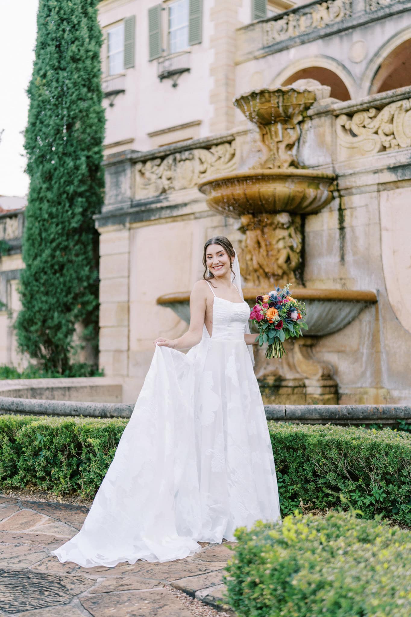 Vibrant bridal session in the gardens at The Philbrook Museum of Art in Tulsa, Oklahoma