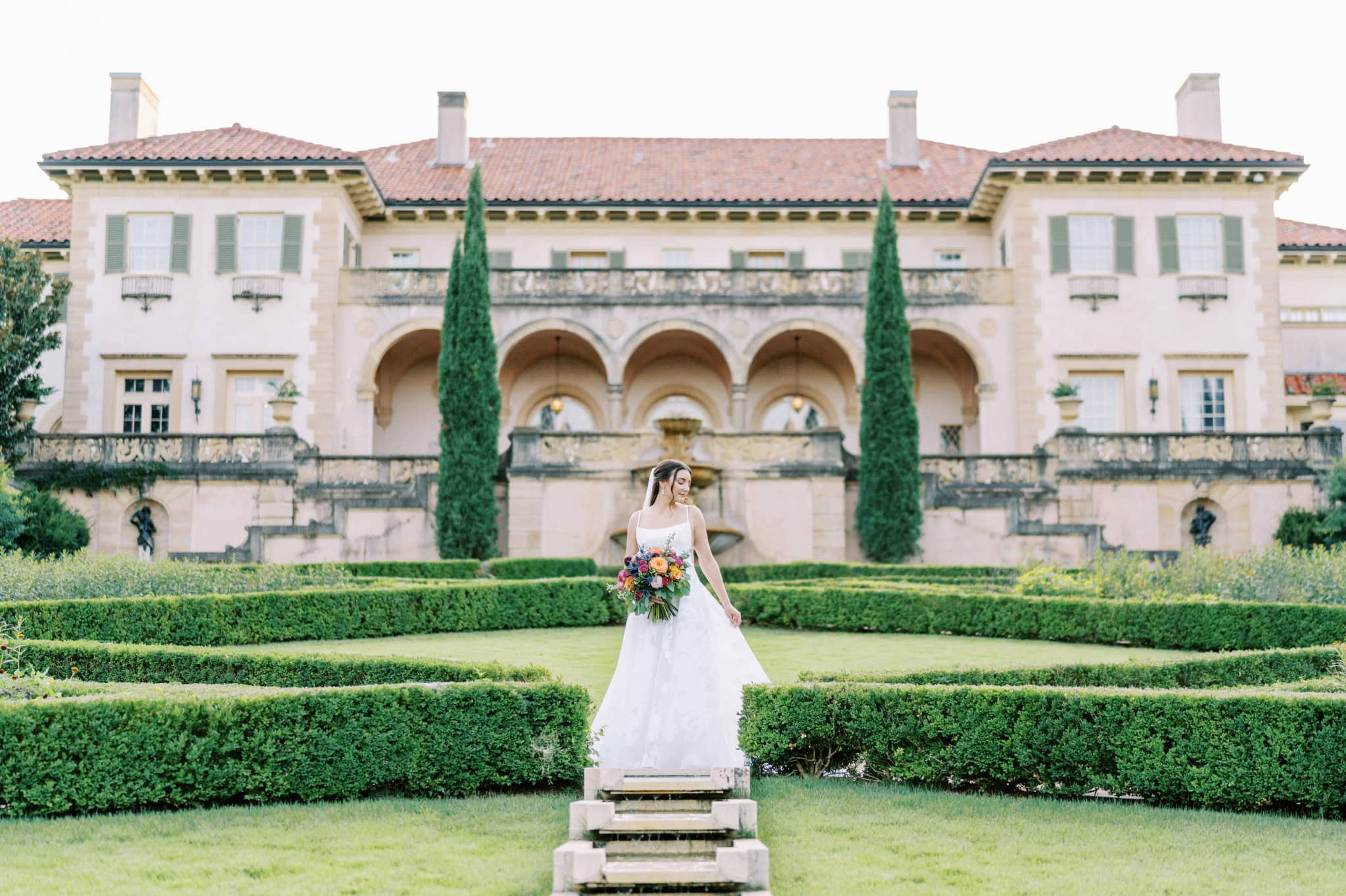 Vibrant bridal session in the gardens at The Philbrook Museum of Art in Tulsa, Oklahoma