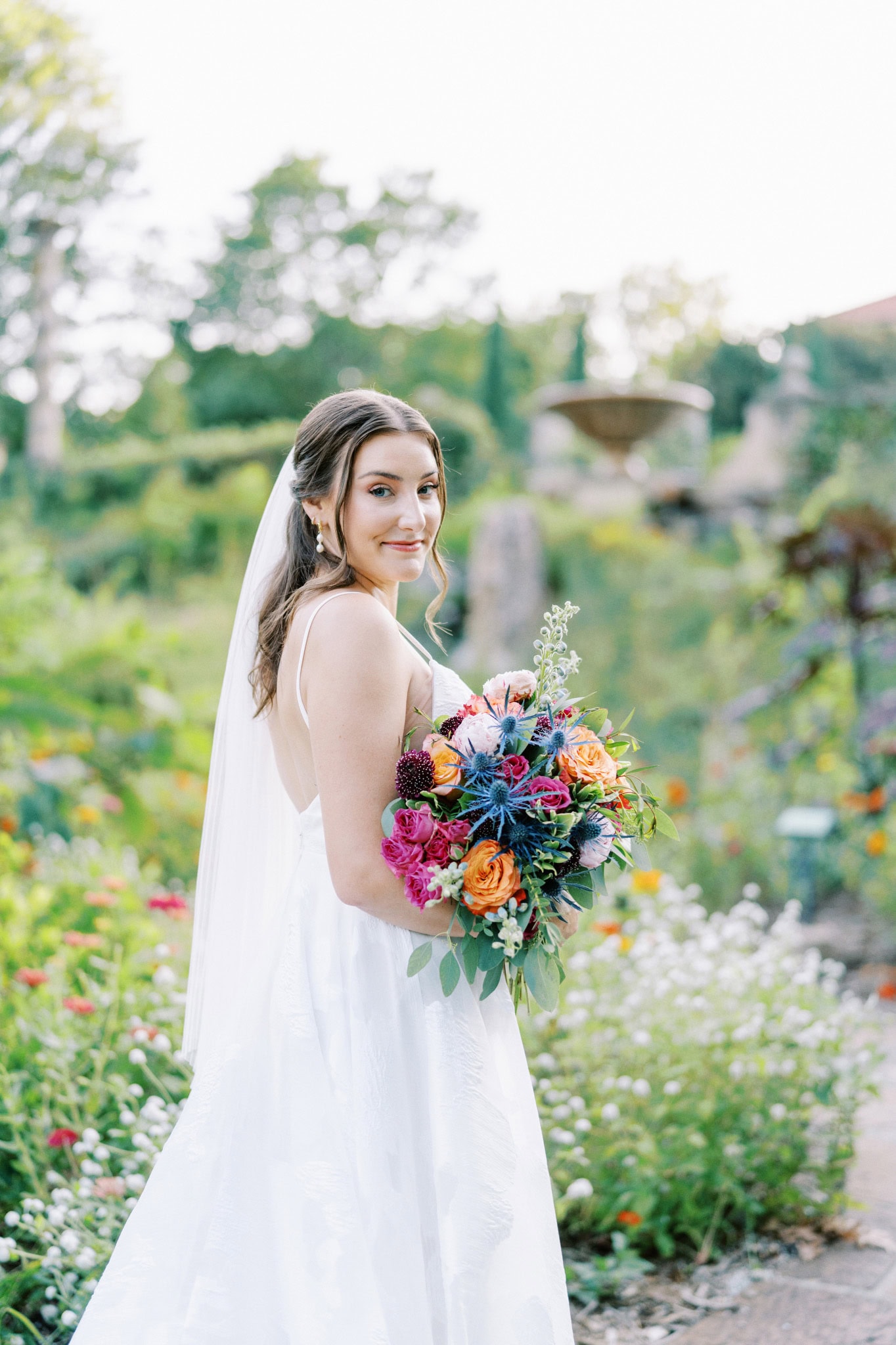 Vibrant bridal session in the gardens at The Philbrook Museum of Art in Tulsa, Oklahoma