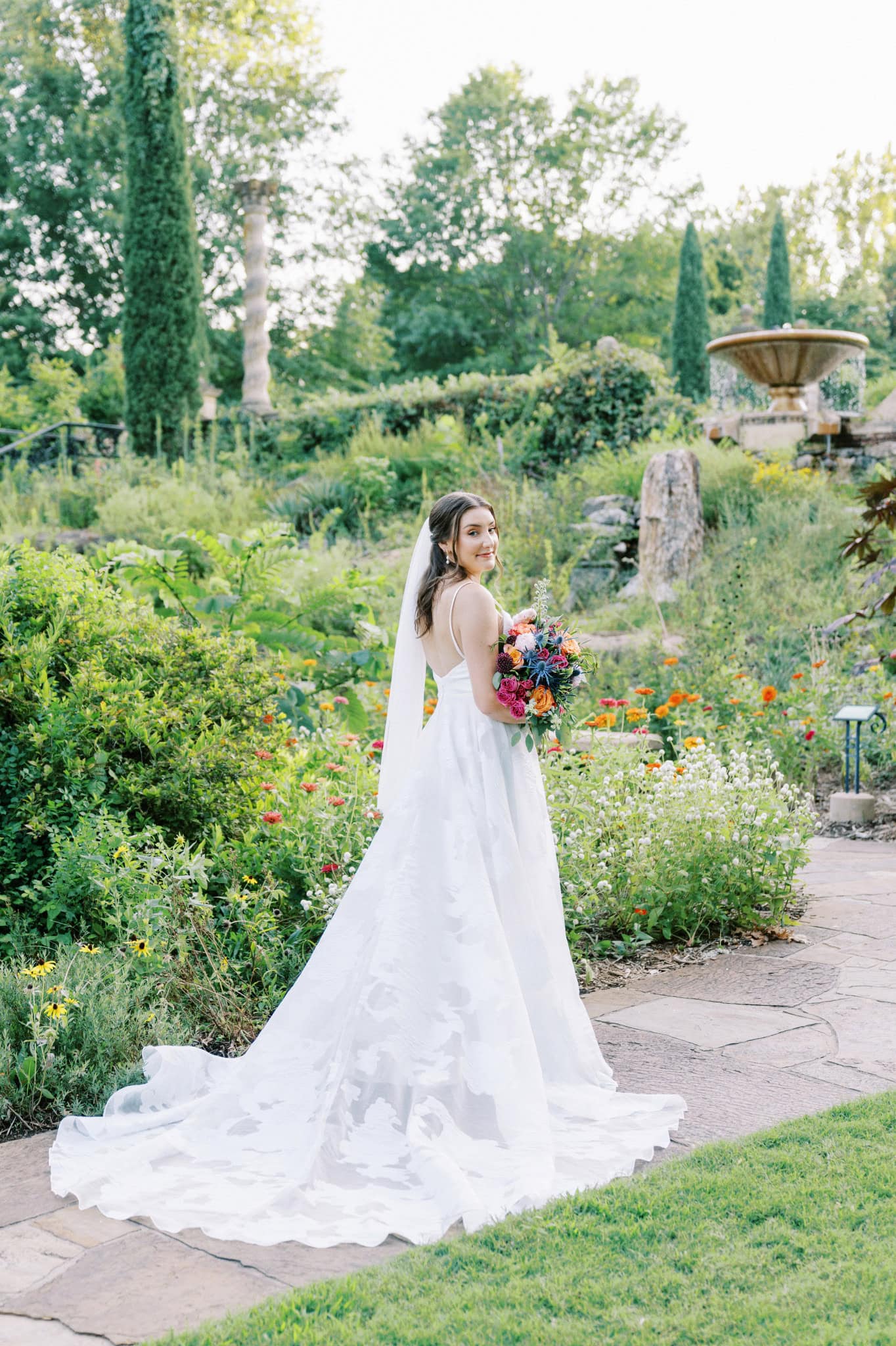 Vibrant bridal session in the gardens at The Philbrook Museum of Art in Tulsa, Oklahoma