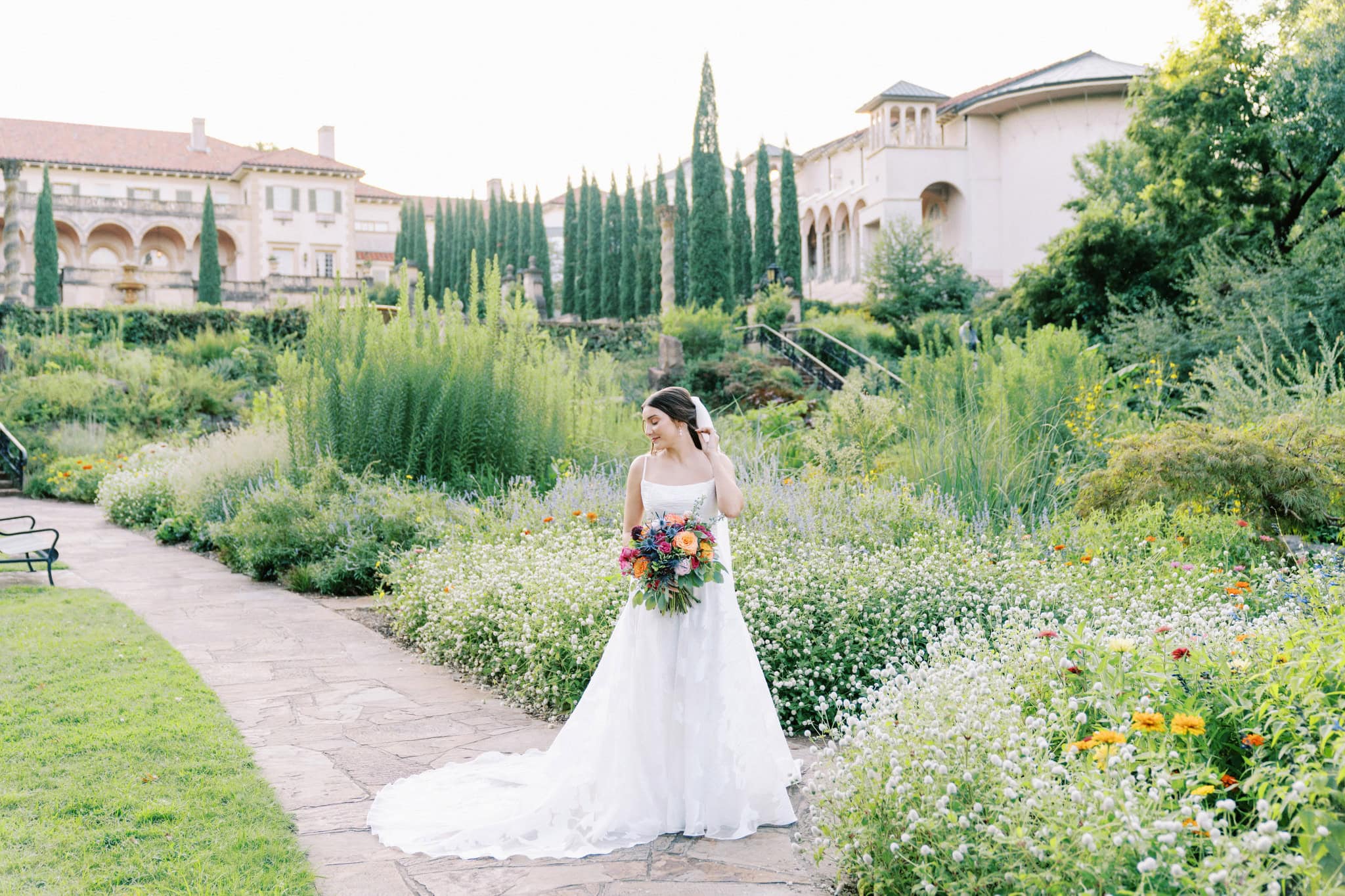 Vibrant bridal session in the gardens at The Philbrook Museum of Art in Tulsa, Oklahoma