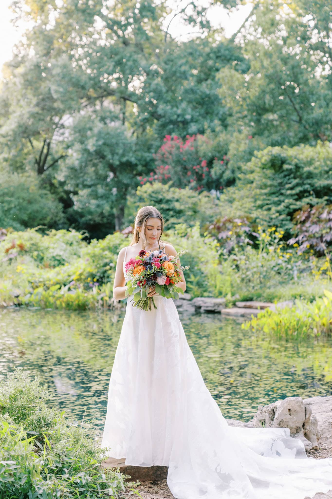 Vibrant bridal session in the gardens at The Philbrook Museum of Art in Tulsa, Oklahoma